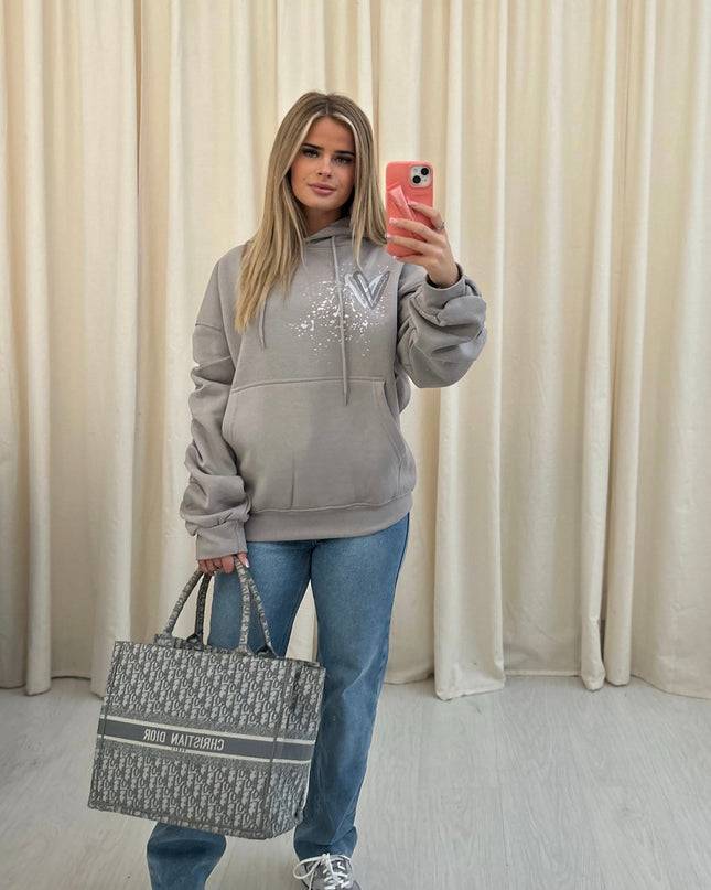 Grey Heart Printed Ruched Hoodie