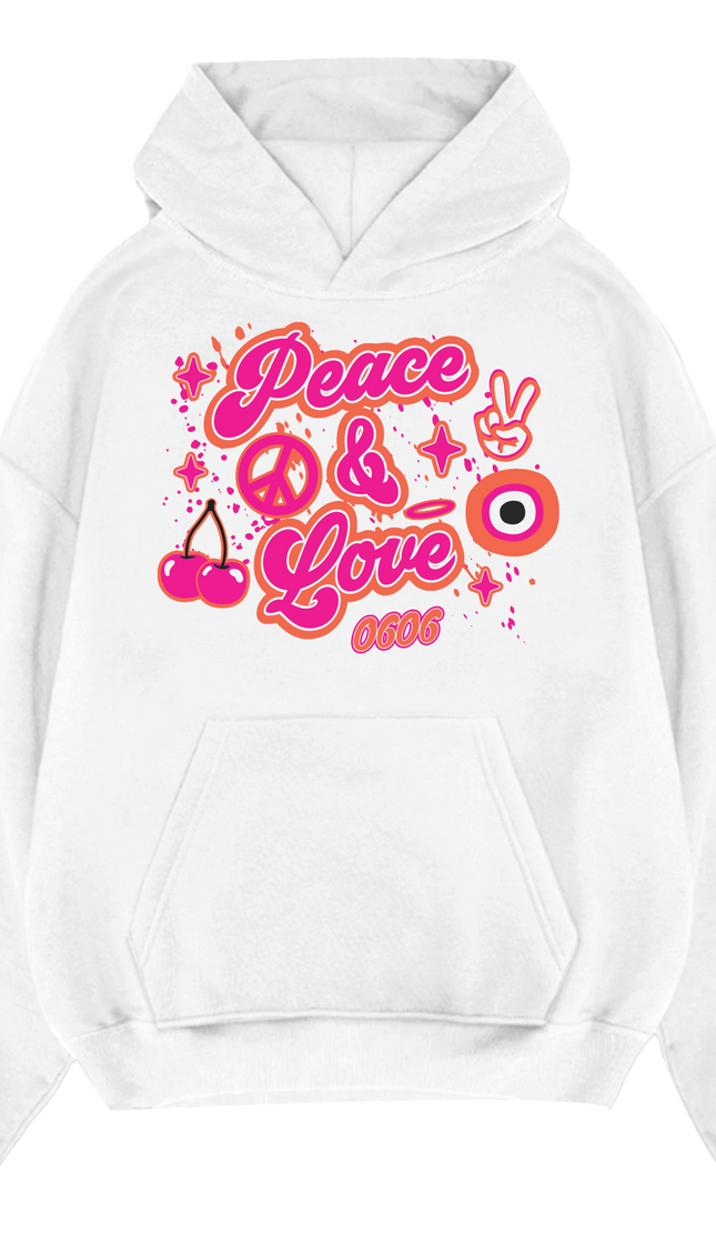 Pink/OrangePeace & Love Hoodie – adult printed hoodie by Miss Runway