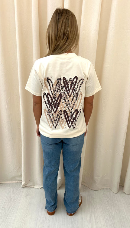 Leopard Print Heart Graffiti T shirt Cream