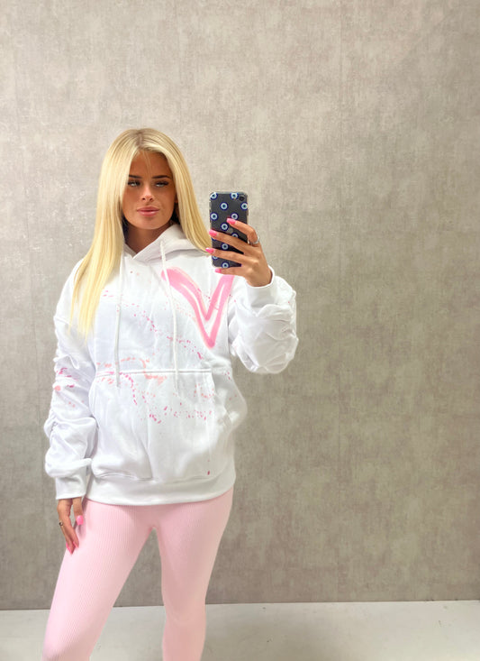 Pink Heart Sprayed Ruched Hoodie And Pink Legging Set