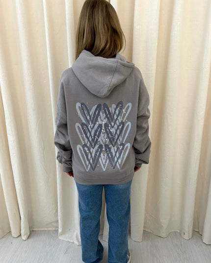 Grey Heart Printed Ruched Hoodie