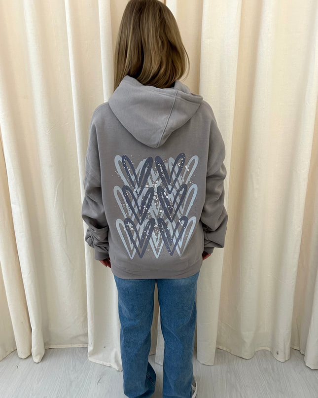 Grey Heart Printed Ruched Hoodie