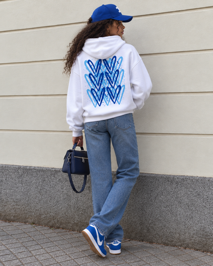 Graffiti White/Royal Blue Heart Hoodie, back view with stacked blue hearts – kids' hoodie by Miss Runway
