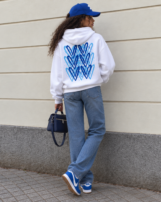 Graffiti White/Royal Blue Heart Hoodie, back view with stacked blue hearts – kids' hoodie by Miss Runway