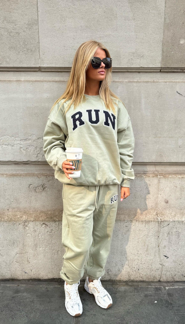 Run Appliqué 100% Cotton Sweatpants Sage Green