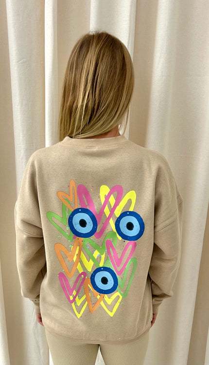 Neon Heart/Evil Eye Graffiti Sweatshirt Beige