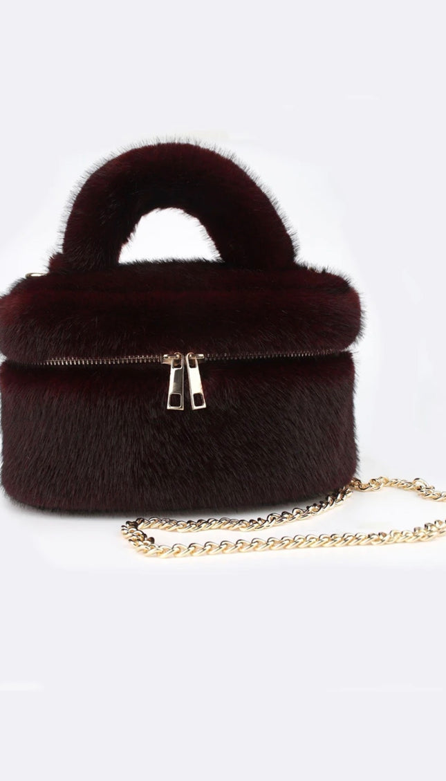 Faux Fur Vanity Bag in Burgundy – fluffy makeup bag by Miss Runway
