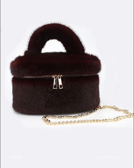 Faux Fur Vanity Bag in Burgundy – fluffy makeup bag by Miss Runway