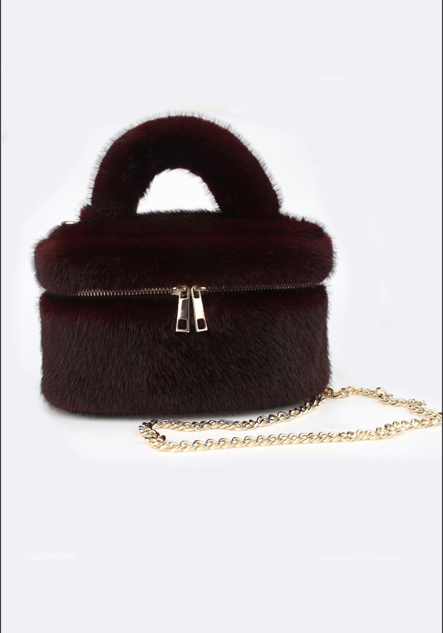 Faux Fur Vanity Bag in Burgundy – fluffy makeup bag by Miss Runway