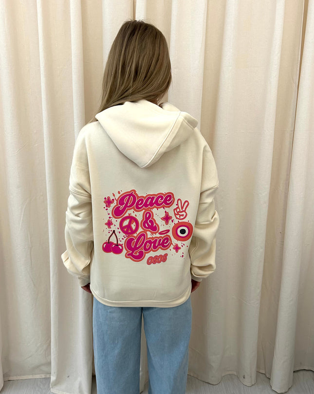 Peace & Love Graffiti Ruched Hoodie Cream