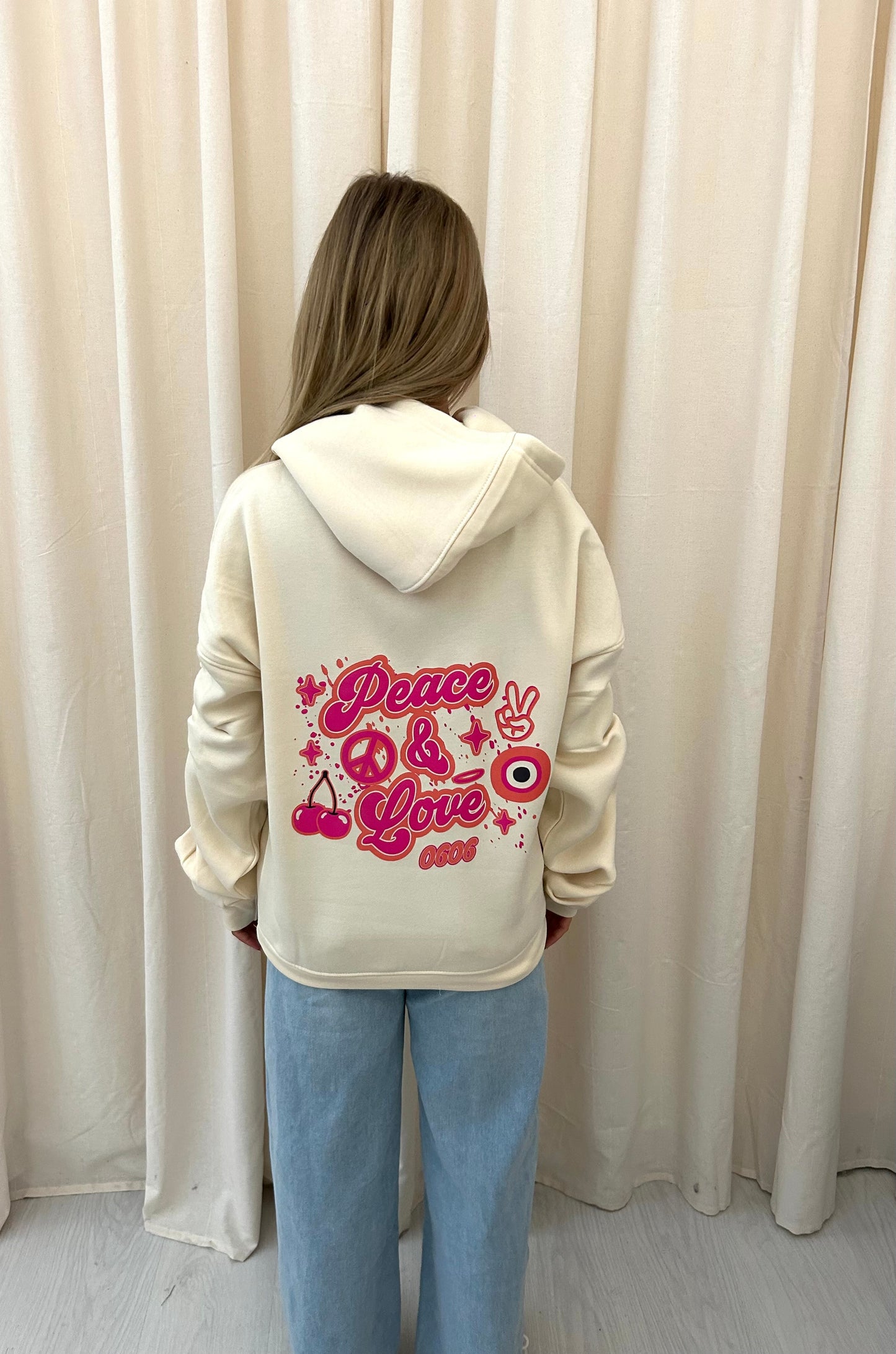 Peace & Love Graffiti Ruched Hoodie Cream