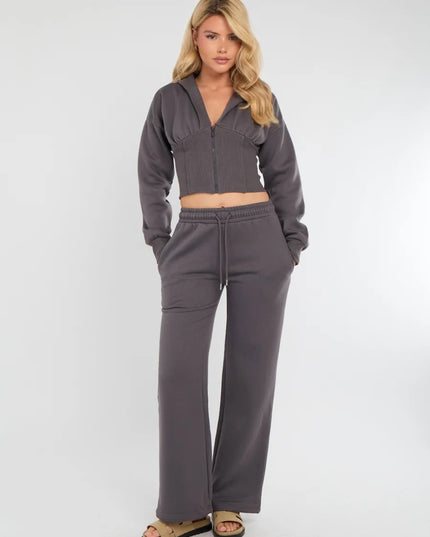 Cropped Zip Up Hood Sweatshirt & Wide Leg Trouser Tracksuit Charcoal
