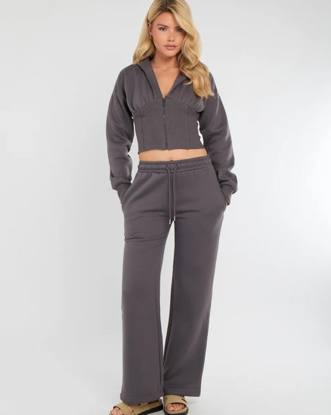 Cropped Zip Up Hood Sweatshirt & Wide Leg Trouser Tracksuit Charcoal