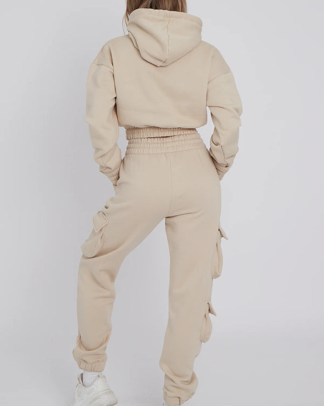 Cargo Pockets Fleece Tracksuit Beige