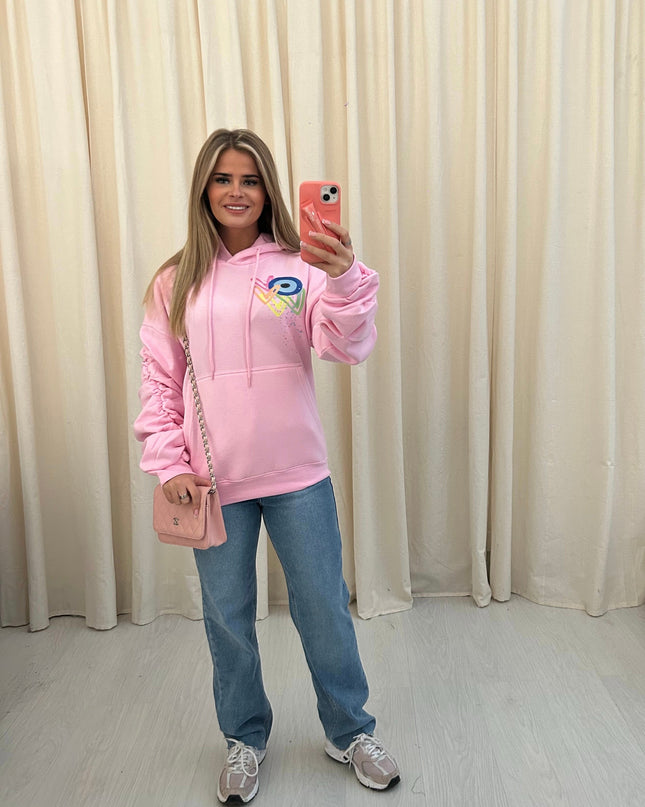 Neon Heart Evil Eye Printed Ruched Hoodie