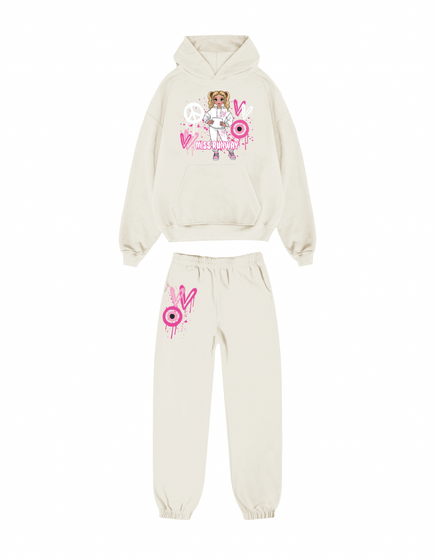 Miss Runway Doll Hooded Tracksuit Cream/Pink