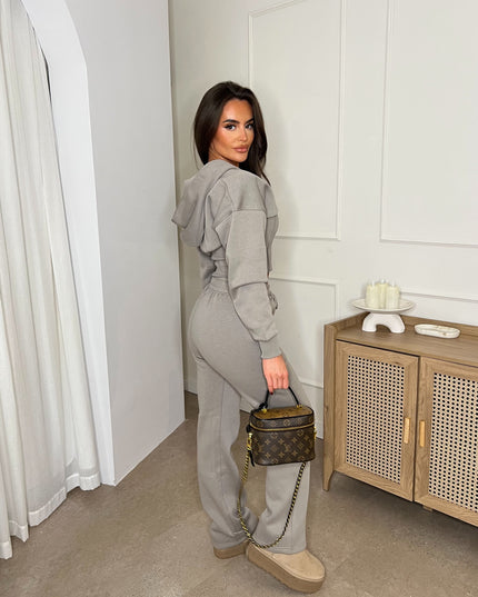 Cropped Zip Up Hood Sweatshirt & Wide Leg Trouser Tracksuit Dove Grey