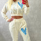 Blue Heart Cropped Hooded Tracksuit Cream