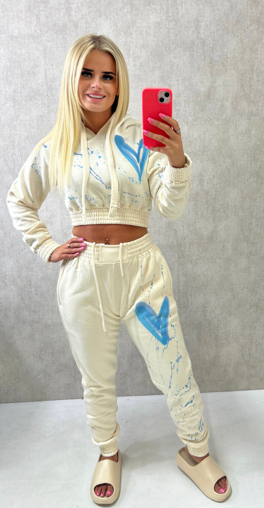 Blue Heart Cropped Hooded Tracksuit Cream