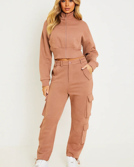 Cropped Zip Up Sweatshirt & Cargo Trouser Tracksuit Mocha