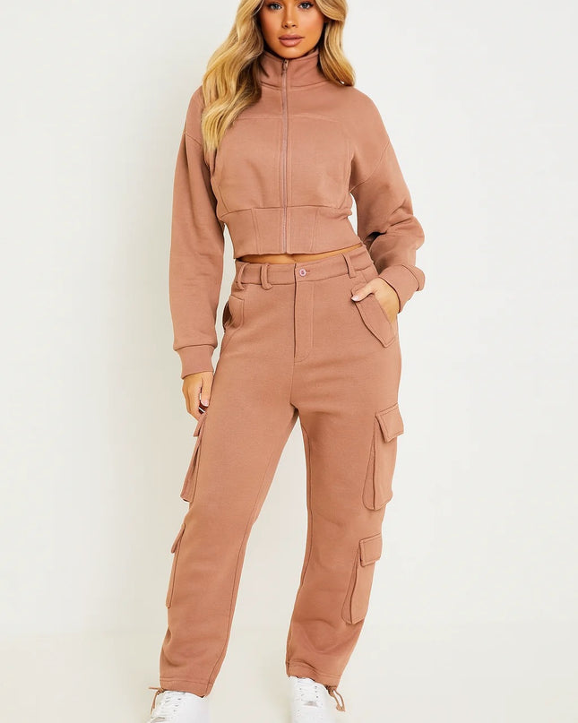 Cropped Zip Up Sweatshirt & Cargo Trouser Tracksuit Mocha