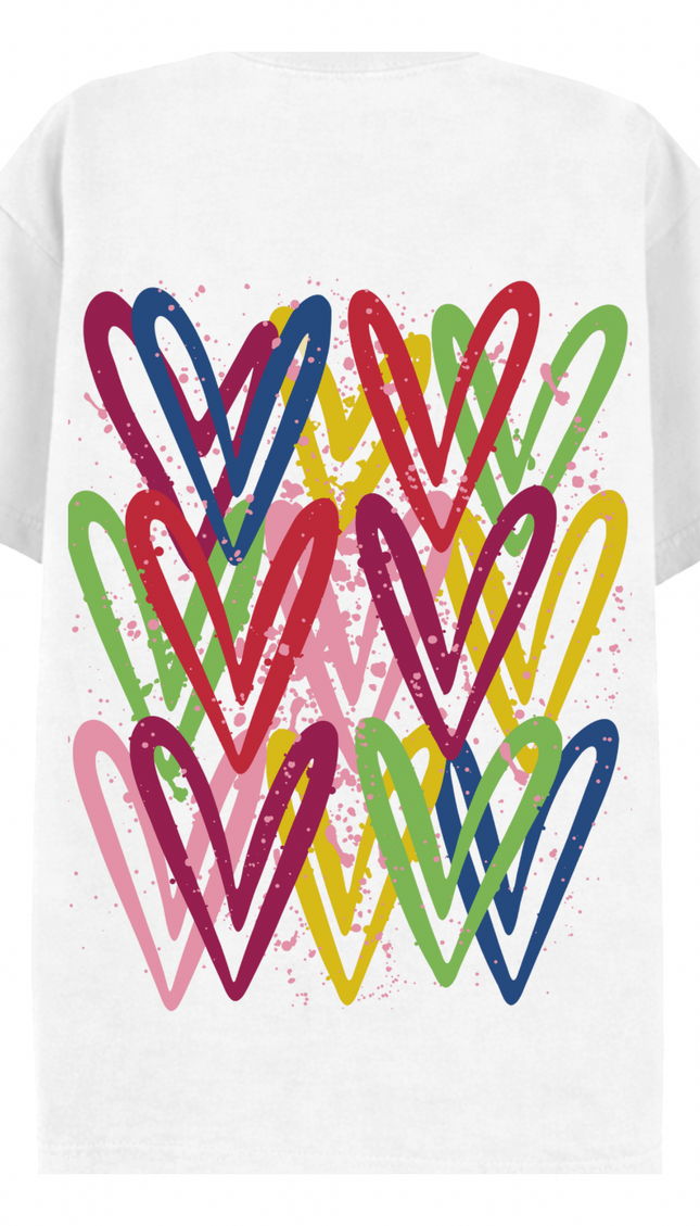 Dark Multicoloured graffiti heart T-shirt with spray paint effect print – women's T-shirt by Miss Runway