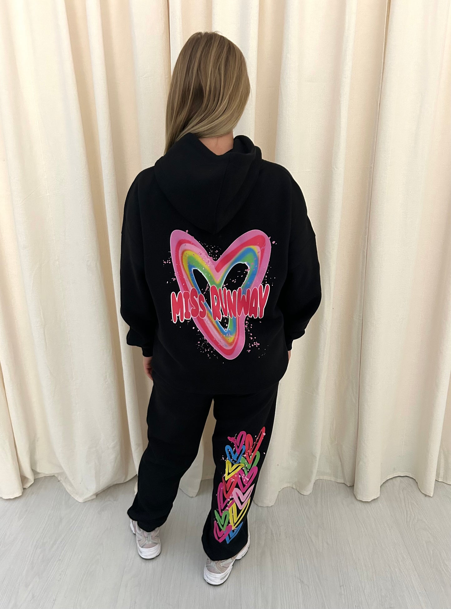 Miss Runway Multicolour Heart Graffiti Hooded Tracksuit Black