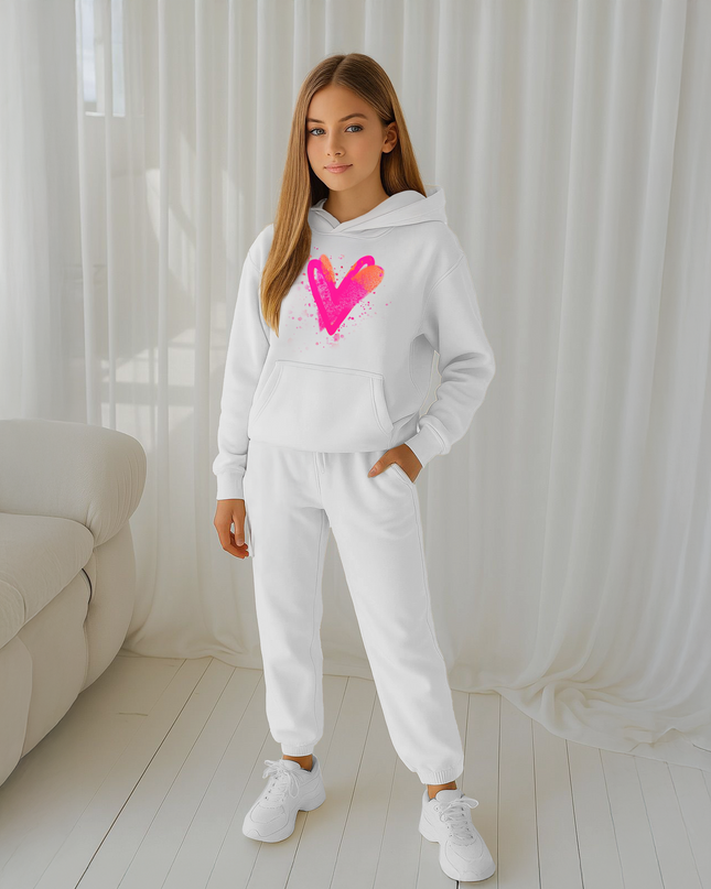 Neon Pink/Orange Scattered Hearts Printed Hooded Tracksuit Kids