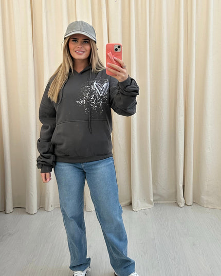 Grey Heart Printed Ruched Hoodie