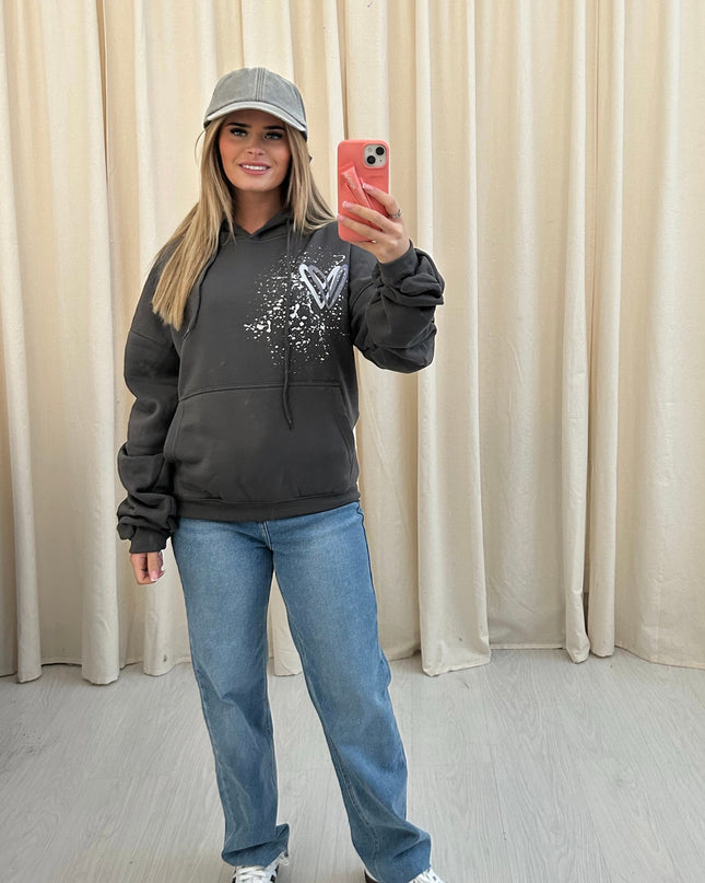 Grey Heart Printed Ruched Hoodie