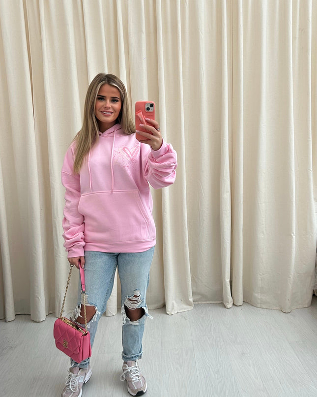 Pink Heart Printed Ruched Hoodie