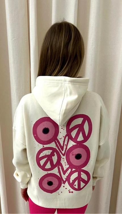 Pink Evil Eye, Peace, Heart Graffiti Hoodie Cream