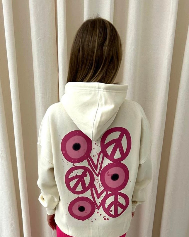 Pink Evil Eye, Peace, Heart Graffiti Hoodie Cream