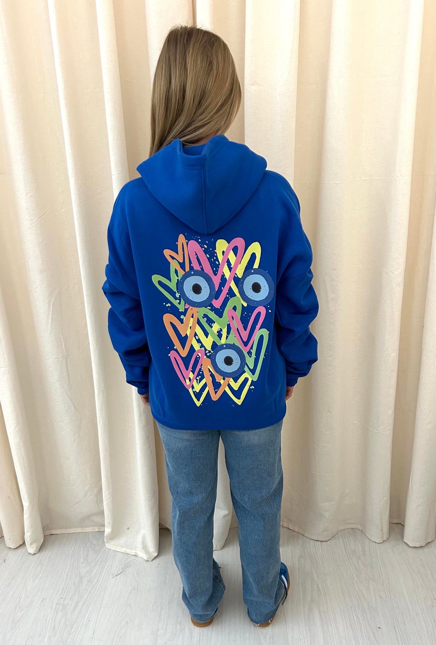 Neon Heart Evil Eye Graffiti Ruched Hoodie Royal Blue