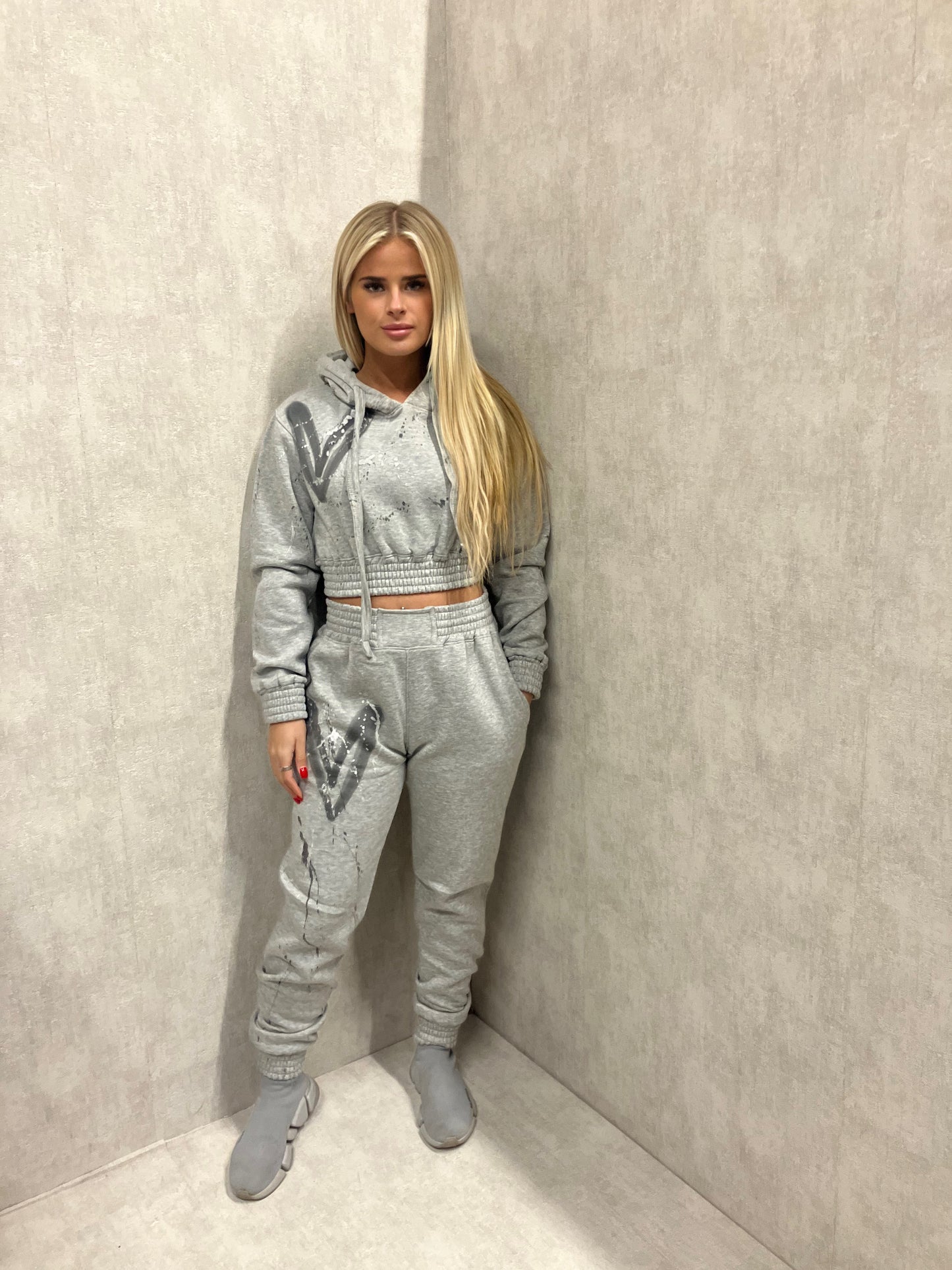 Grey Heart Cropped Hooded Tracksuit
