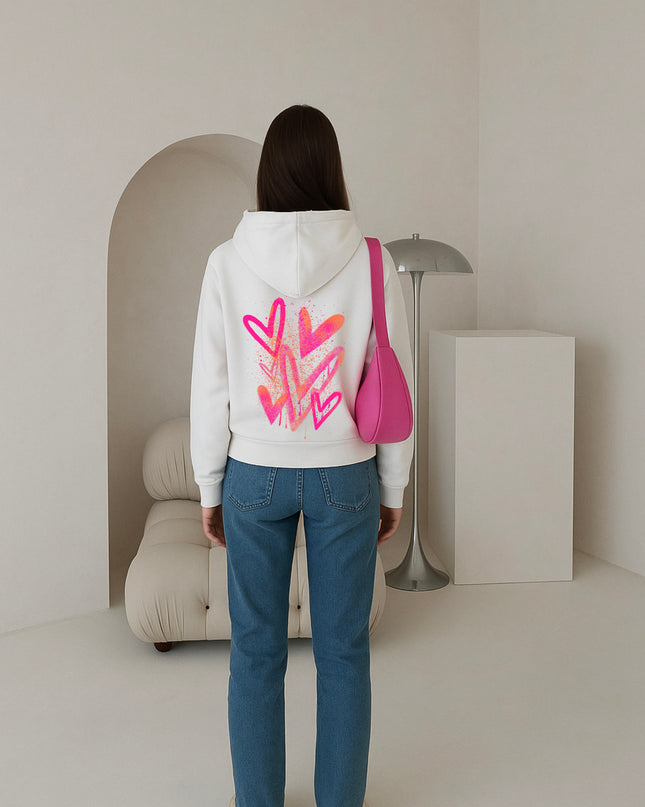 Neon Pink And Orange Scatter Hearts Printed Hoodie