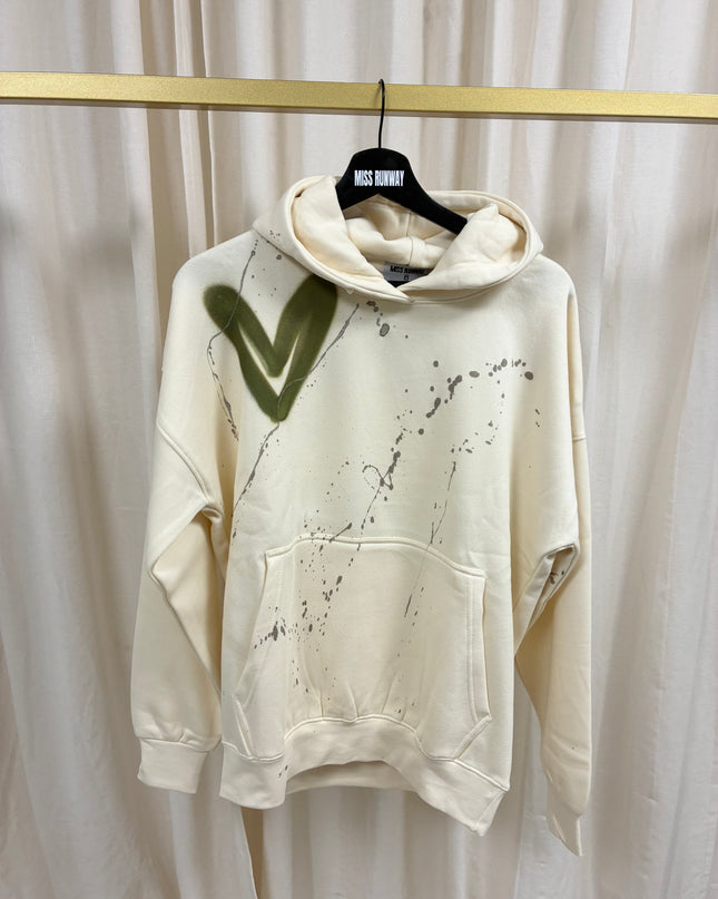 Khaki Heart Spray Painted Cream Hoodie Adults