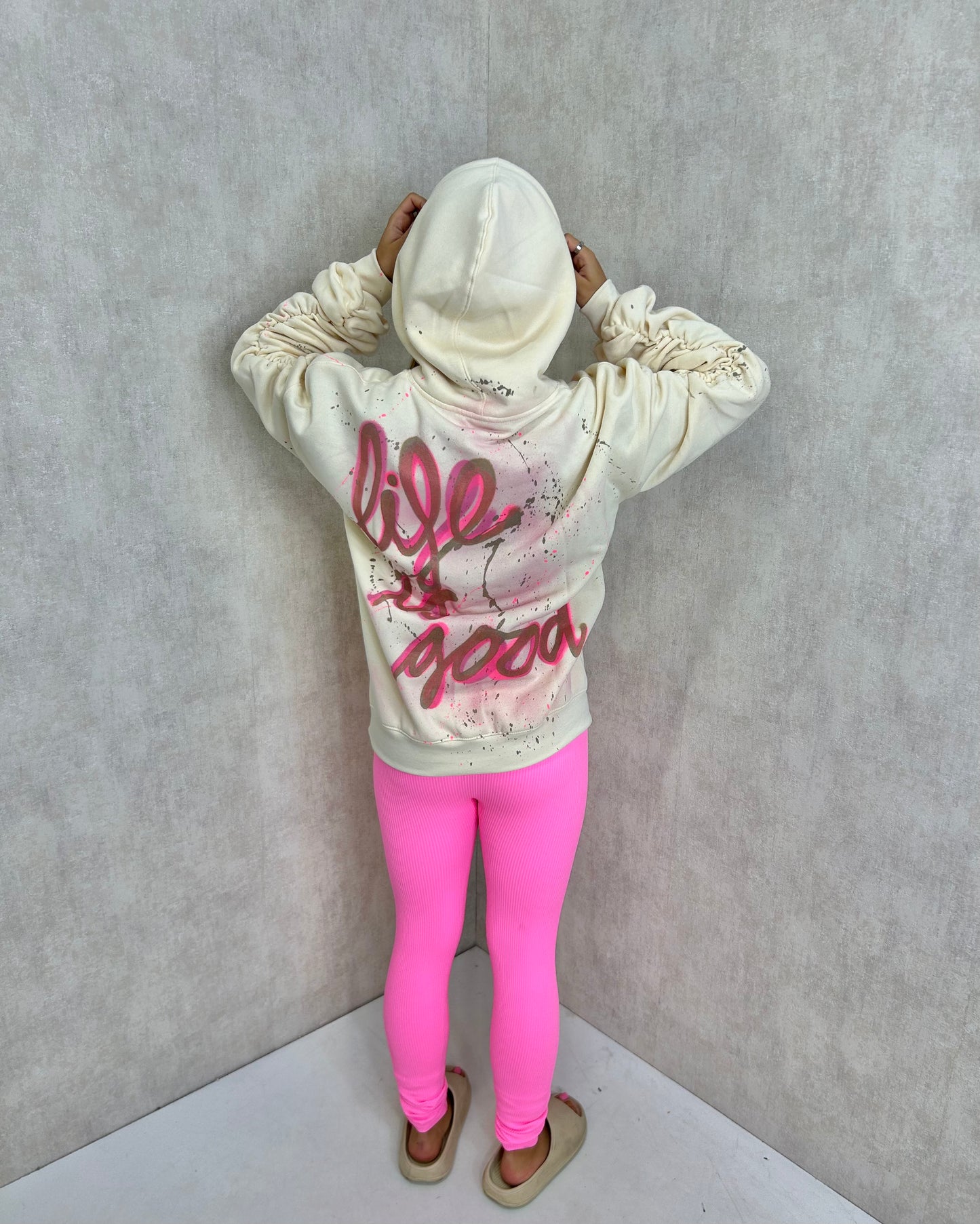 Life Is Good Sprayed Ruched Hoodie And Neon Pink Legging Set