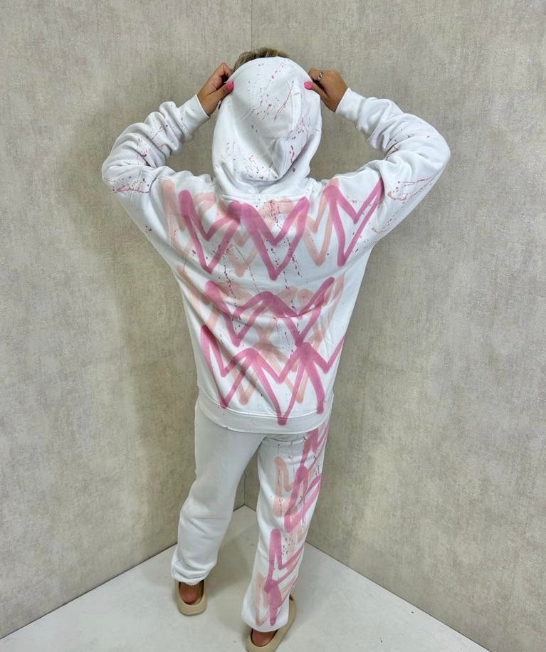 Pink Heart Sprayed Hooded Tracksuit