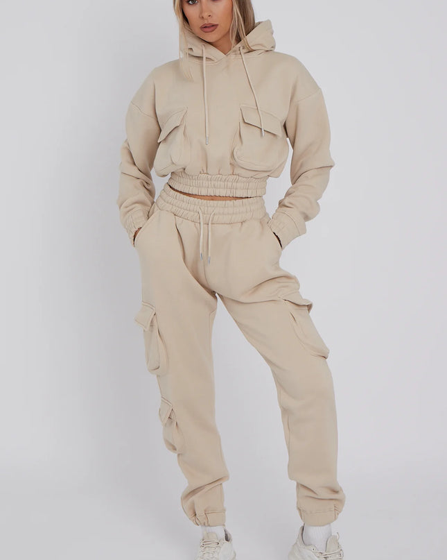 Cargo Pockets Fleece Tracksuit Beige