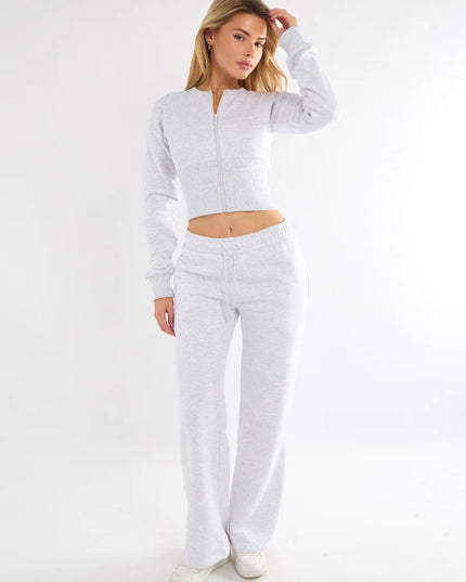 Cropped Zip Up Sweatshirt & Wide Leg Trouser Tracksuit Ash Grey