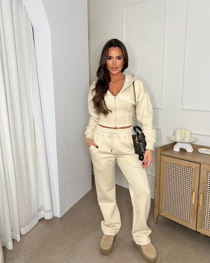 Cropped Zip Up Hood Sweatshirt & Wide Leg Trouser Tracksuit Cream