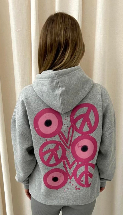 Pink Evil Eye, Peace, Heart Graffiti Hoodie Grey