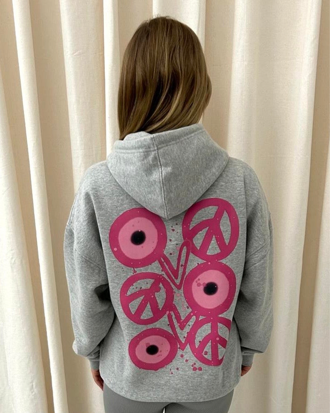 Pink Evil Eye, Peace, Heart Graffiti Hoodie Grey