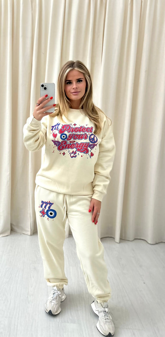 Angel Numbers Protect Your Energy Graffiti Sweatshirt Tracksuit Cream - Red/Blue