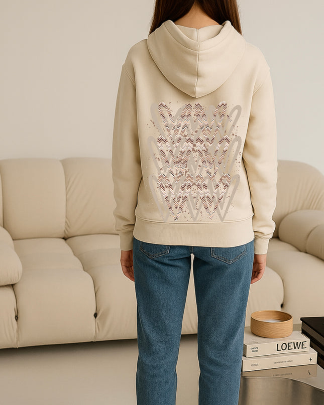 Beige Zig Zag Heart Printed Hoodie