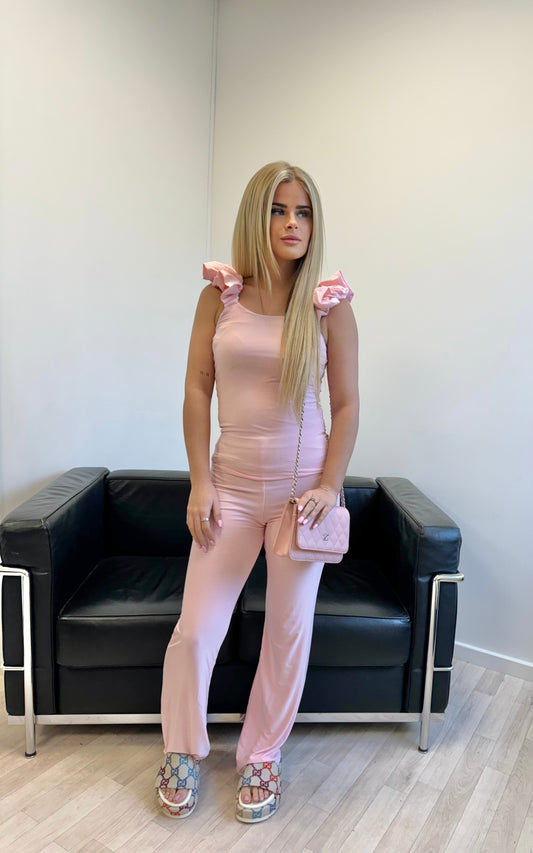 Pink Ruched Straps Slinky Top & Wide Leg Trouser Co-ord