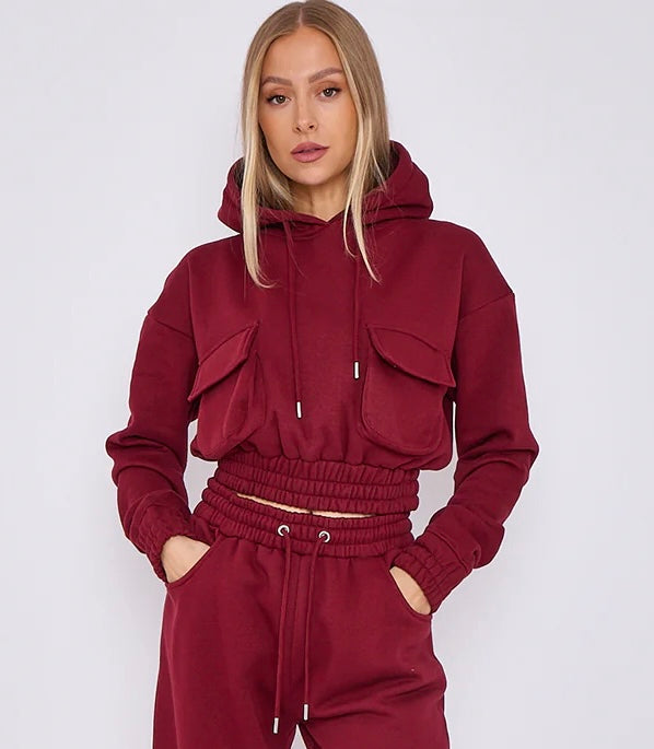 Cargo Pockets Fleece Tracksuit Burgundy