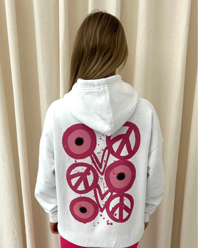 Pink Evil Eye, Peace, Heart Graffiti Hoodie White