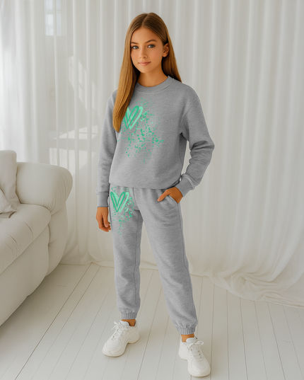 Green Hearts Printed Sweatshirt Tracksuit Kids